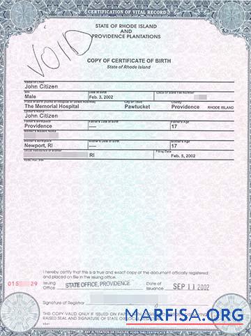 Printable United States State office of Rhode Island birth certificate download for verification